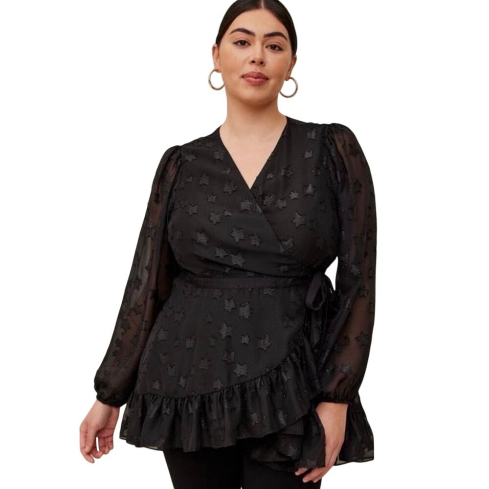 NWT TORRID Women’s Black Metallic Textured Star Ruffle Wrap Top
